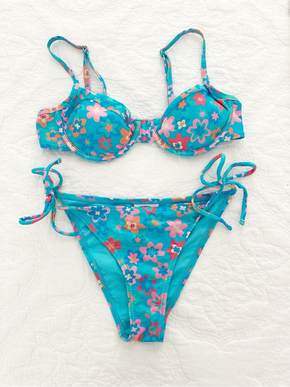 Ron Jon Surf Shop Turquoise Floral Tie-Side Bikini Set Women’s Medium M